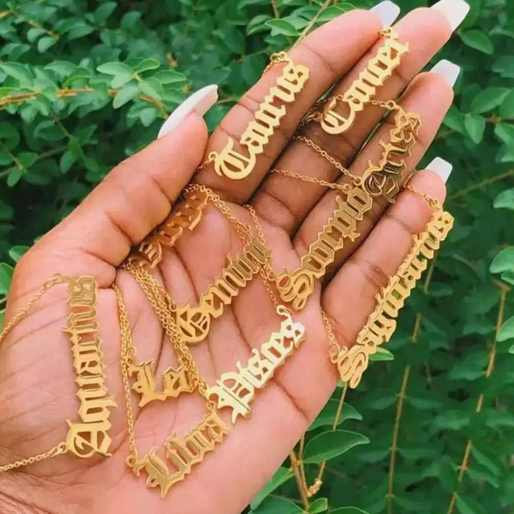 

12 Constellation Pendant Chain Necklace For Women Old English Zodiac Sign Choker Stainless Steel Collier Christmas Jewelry Gifts