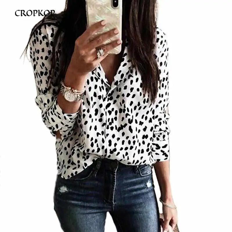 CROPKOP Осенняя Модная белая рубашка с длинным рукавом леопардовой расцветки