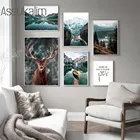 Картина на холсте с изображением горного леса, плакат с природным ландшафтом, с принтом оленя, лодки, озера, настенные картины в скандинавском стиле, декор для гостиной и дома