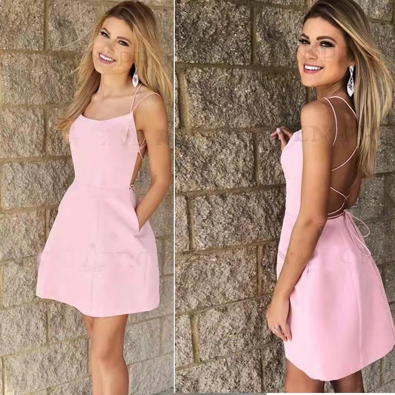

Designer custom cheap afforable mini pink satin backless spaghetti straps party dress homecoming dresses prom dresses for girls