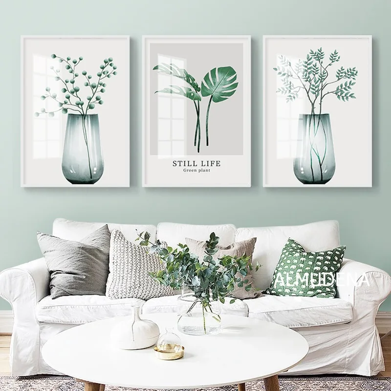 Постер с зелеными листьями акварельных растений настенная Картина на холсте