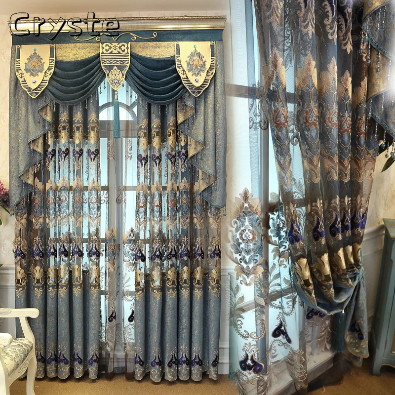 

European Blue Chenille Curtain Jacquard Hollow Water-soluble Embroidery Shading Custom Curtains for Living Dining Room Bedroom