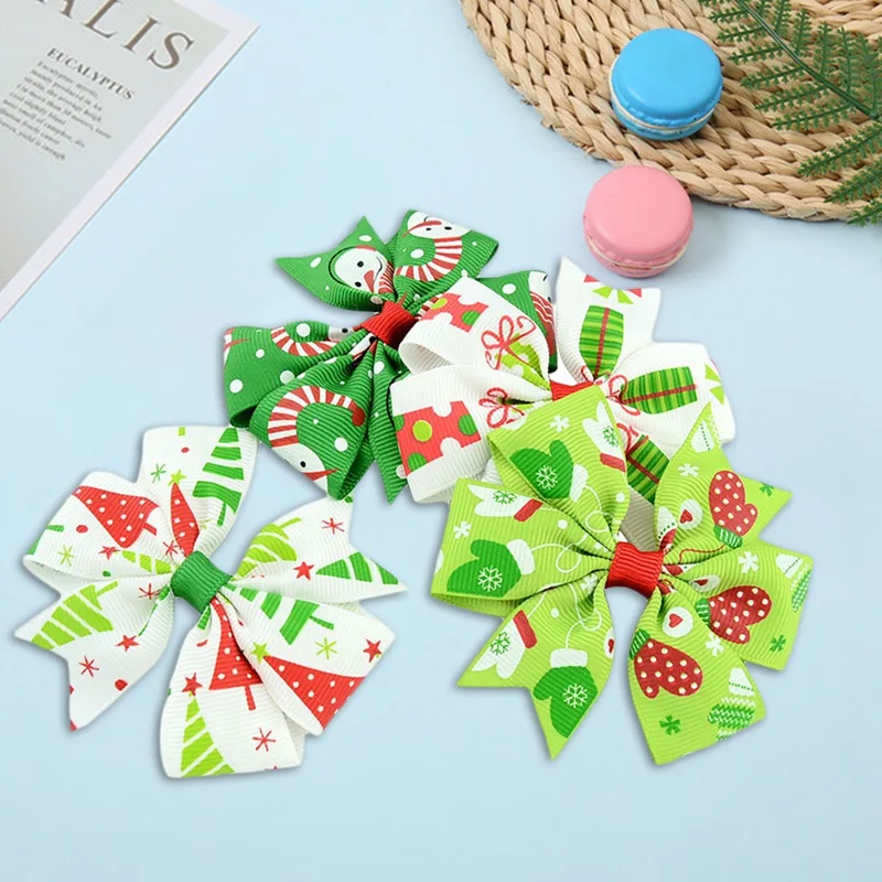 

12PCS/Set Christmas Children Bow Hairpins Snowman Christmas Tree Holiday Party Children Headwear Boutique Bow Hair Accessories