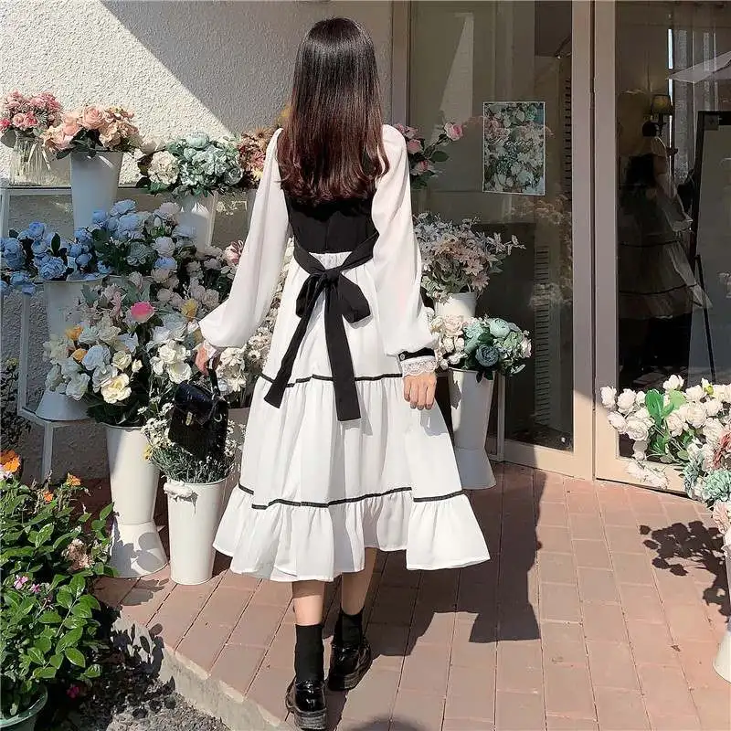 

Sweet Patchwork Fairy Women Dress Elegant Chiffon Party Dress Female Kawaii Bandage Korean Dress 2020 New Autumn Women Clothing
