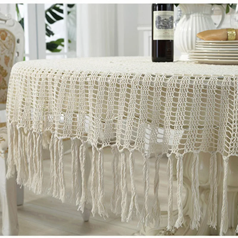 

Top Luxury tassel table cover Nordic pastoral lace tablecloth crochet round tablecloths Dining christmas table cloth decorative