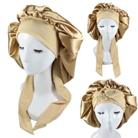 women lace up satin night sleep cap polyester wide high elastic shower cap hair silky bonnet hat solid color large head covernew