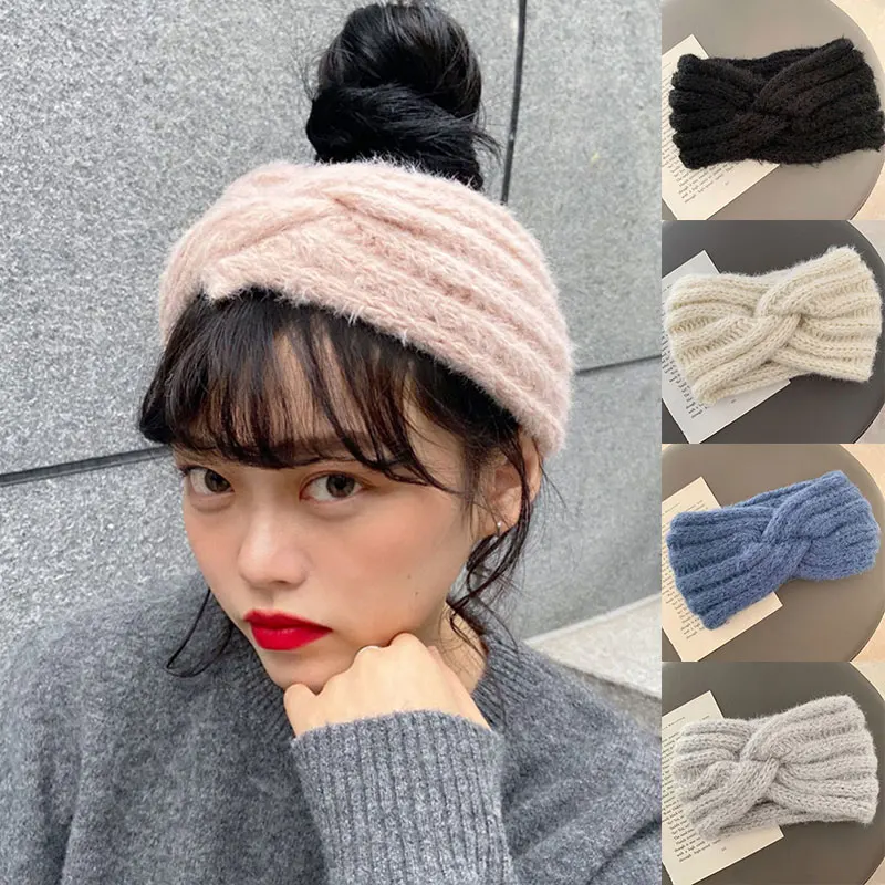 

Women Crochet Wool Cross Wide Stretch Solid Hairband Headwrap Hair Accessories Warm Wool Knitted Cross Wide-brimmed Hairband