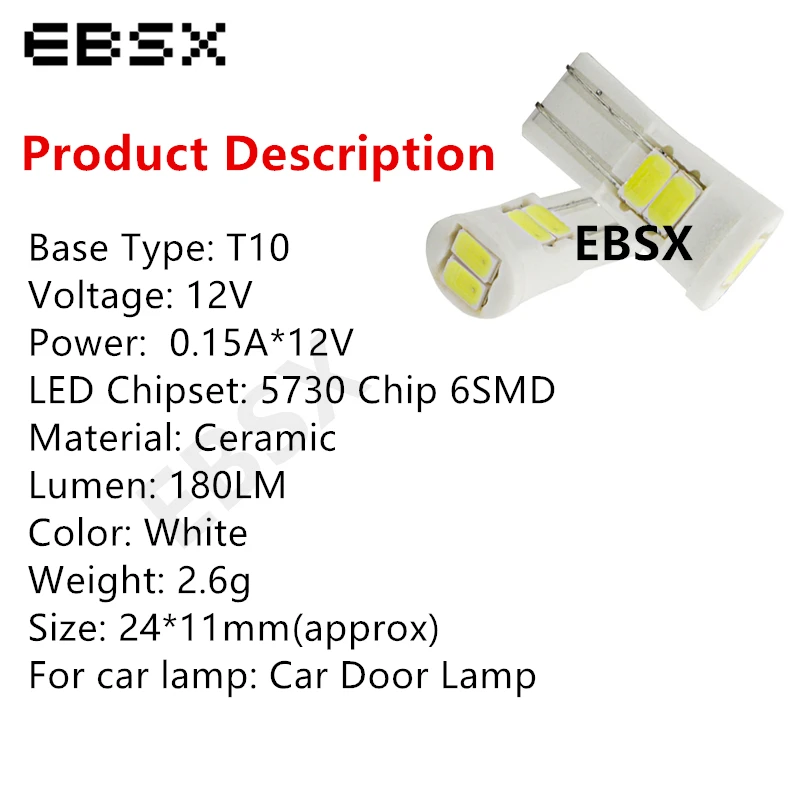 Керамичессветодиодный светодиодные лампы EBSX 100 шт. T10 W5W 6 SMD 5630 6SMD светодиодный LED