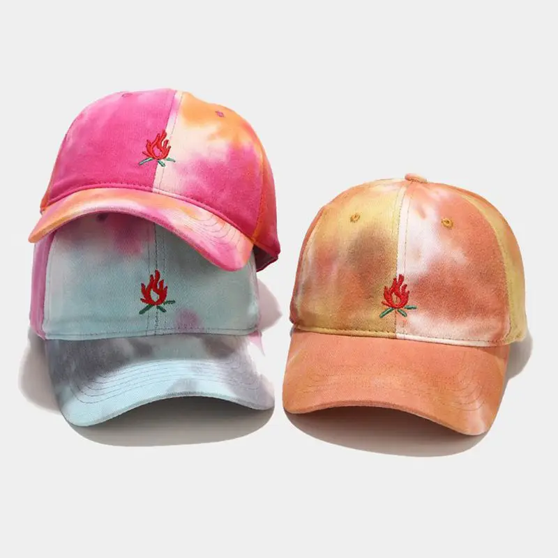 

55-60cm Unisex Harajuku Gradient Tie Dye Baseball Cap Camp Fire Embroidered Snapback Hat 4 Colors