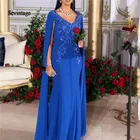 Синее арабское платье знаменитости Sevintage 2020 с накидкой кружево, аппликация бисером русалочкой Дубай длинное платье для выпускного вечера