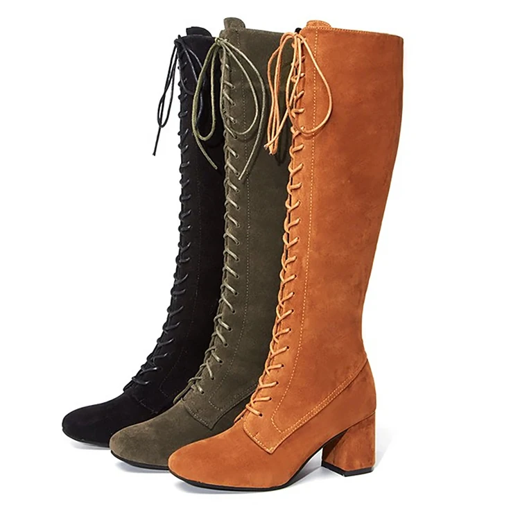 

Женские высокие сапоги, сапоги до колена на шнуровке с квадратным каблуком, замшевые рыцарские сапоги, высококачественные зимние теплые са...