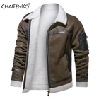 Мужская кожаная куртка CHAIFENKO, повседневная байкерская куртка на флисе, с меховым воротником, для зимы