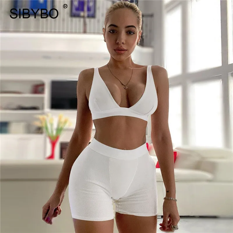 

Sibybo Summer Two Piece Sport Sets Women V-Neck Tops Biker Shorts Suit Casual Outfits Female Rib Knitted Fitness Loungewear Set