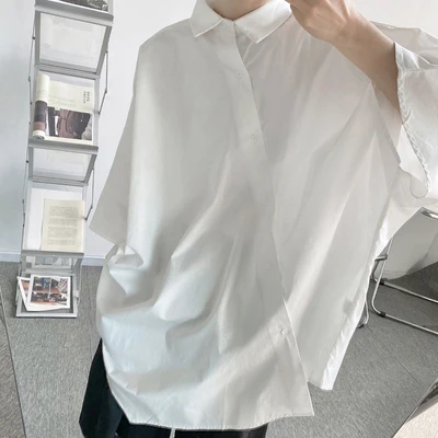 

Летняя асимметричная дизайнерская просторная рубашка с косой планкой, модная мужская рубашка с короткими и средними рукавами