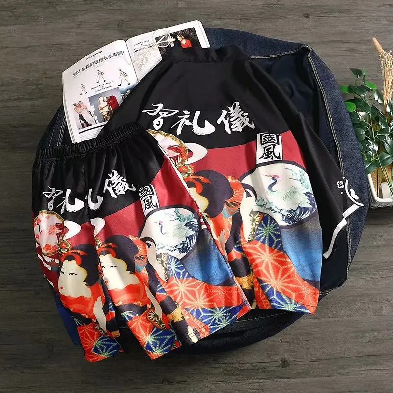 

2019 New Kimonos men Japanese kimono cardigan cosplay Japanese yukata male summer beach kimono Shorts Beach Suit