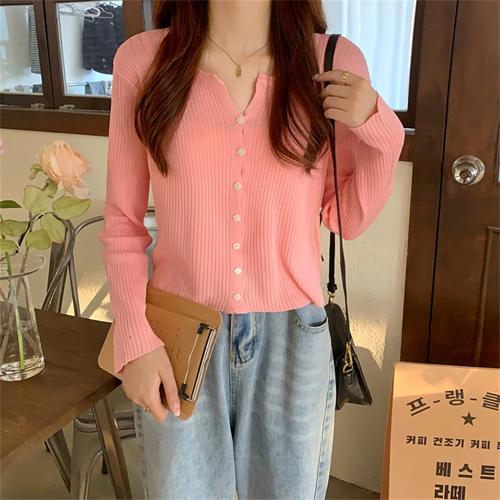 

동대문 All Match Knitwear Cardigans Chic Women Coats Slim-Fit Full Sleeve Pure Color Hot Elegant Autumn Casual Sweater