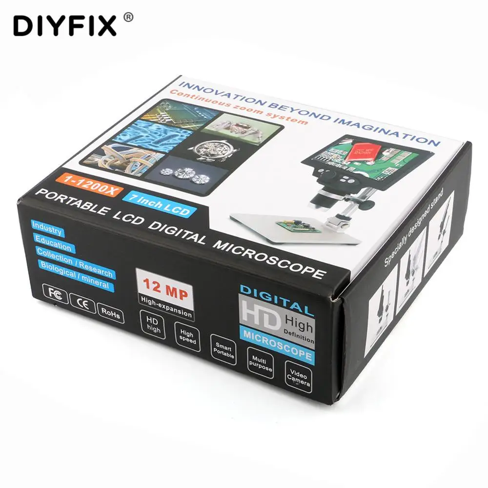 G1200 портативный цифровой микроскоп HD 12MP 1-1200X 7-дюймовый многофункциональный
