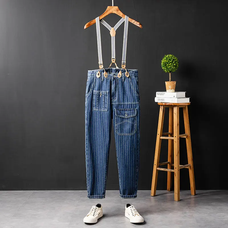 ZYYong Fahsion Man Jeans Bib Overalls Multi Pocket Hip Hop Streetwear Blue Stripe Homme Denim Trousers Leisure Cargo Pants