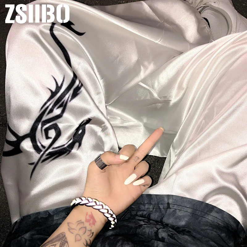 Женские брюки с принтом дракона белые спортивные штаны высокой талией и