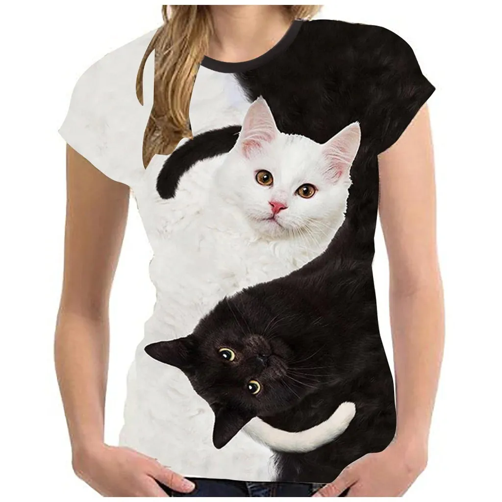 Woman Kawaii Tee Shirt Clothes Black White Cats Design Aesthetic Ropa Mujer Femme Blouses And Tops