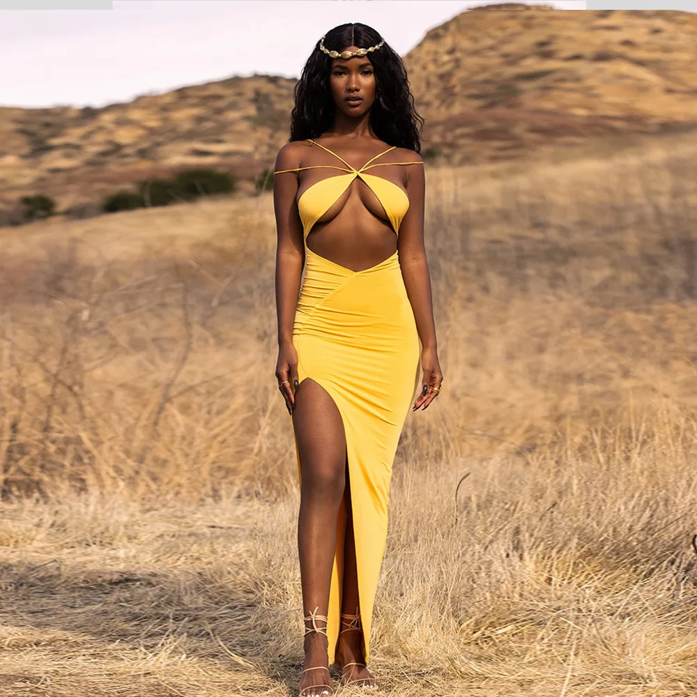 

Women Summer Sexy Dress Elegant Yellow Sleeveless Front Cross Long Party Dresses 2021New Fashion Vestidos Outfit Dresses