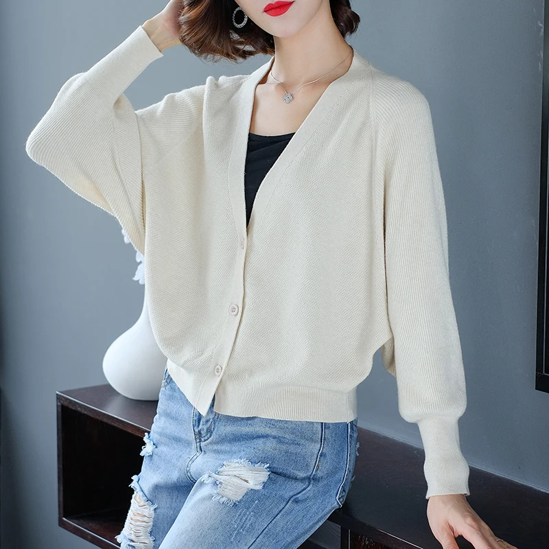 

Женский трикотажный кардиган, однотонный элегантный кардиган с рукавами «летучая мышь», верхняя одежда на осень