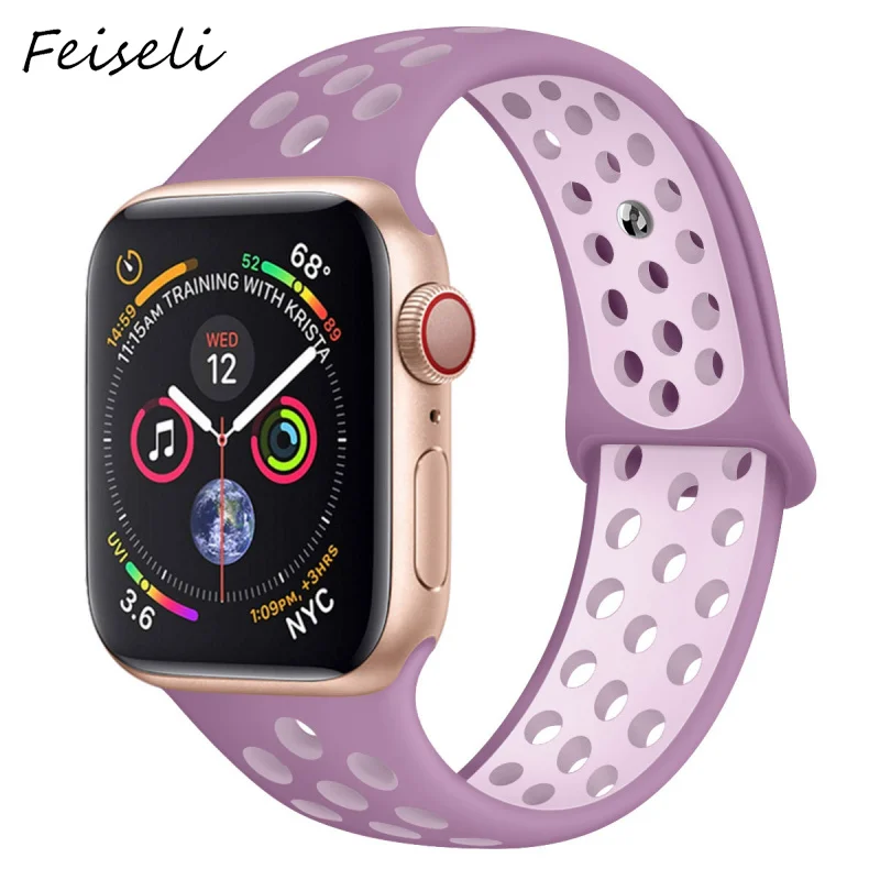 Feiseli для Apple Watch Band 1 2 3 4 5 Спортивные Мягкие силиконовые 38 мм 40 42 44 iwatch сменный