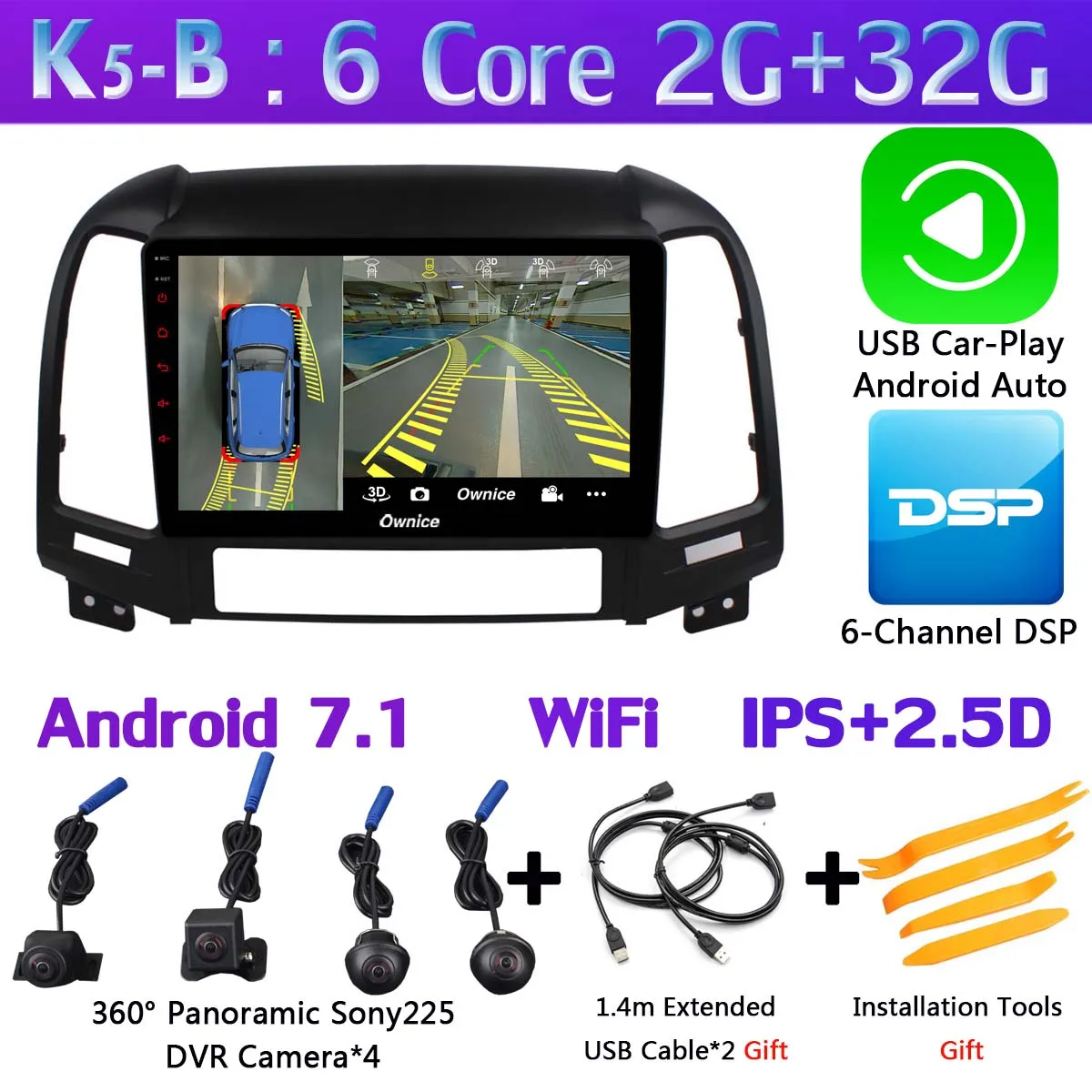 K5-B-CarPlay 360 ° камера 4G+ 64G Android 9,0 Автомобильный мультимедийный радио для hyundai Santa Fe 2 2006-2012 головное устройство gps навигация SPDIF DSP CarPlay - Цвет: K5-B-CarPlay