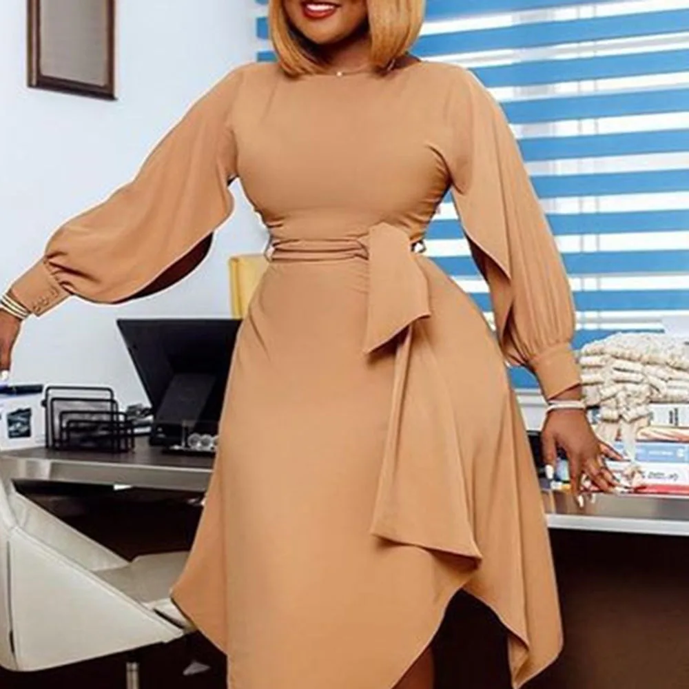 

5XL Plus Size Dress Women Elegant Office Ladies Spring Long Sleeve Lace Up Asymmetric African Casual Dinner Midi Dresses 2021