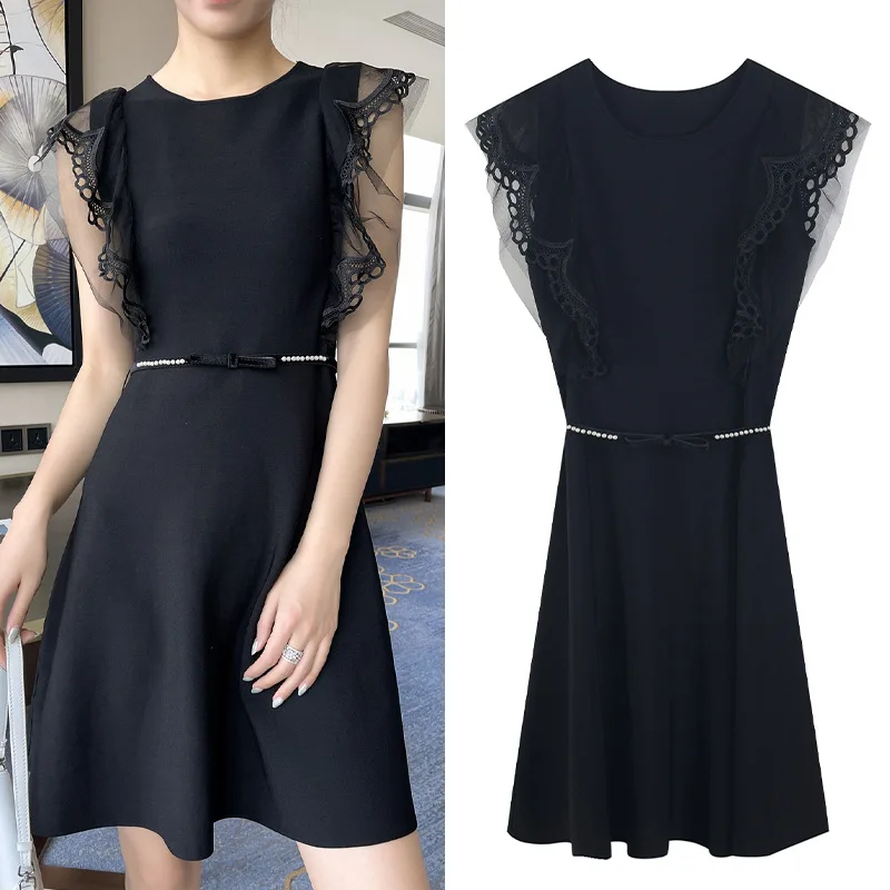 

Платье-Свитер женское трикотажное ТРАПЕЦИЕВИДНОЕ, черное, с круглым вырезом, на лето, 2021