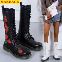womens high boots autumn 2021 new embroidered side zipper closed cross lace fashion boots leather platform womens shoes