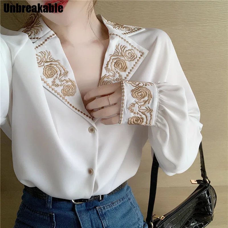 

Женская винтажная рубашка с отложным воротником и цветочной вышивкой, свободная шикарная рубашка в Корейском стиле, весна-осень 2021