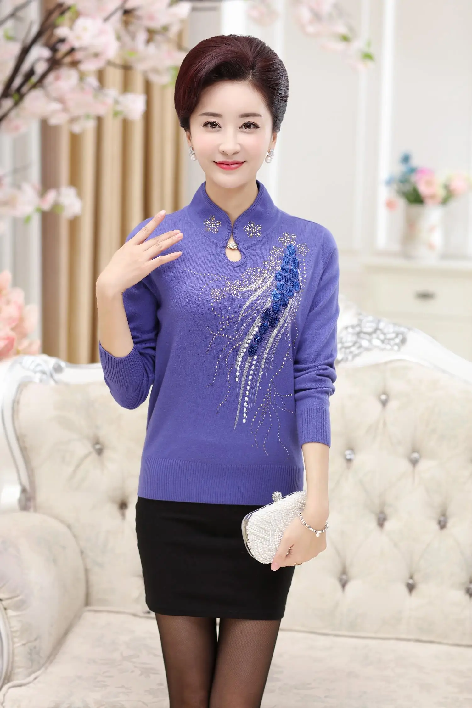 

2020 Winter Women Sweater Turtleneck Vintage Embroidery Paillette Lady Pullovers Elegant Pull Femme Blue Lavender Khaki XL~4XL