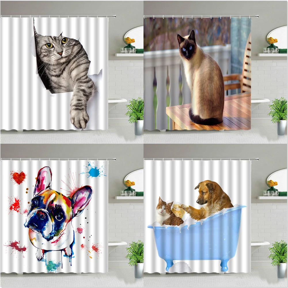 

Cat Dog Shower Curtain Cartoon Creativity Animal Bathroom Screen Waterproof Fabric Bathtub Decor Cloth Hanging Curtain With Hook