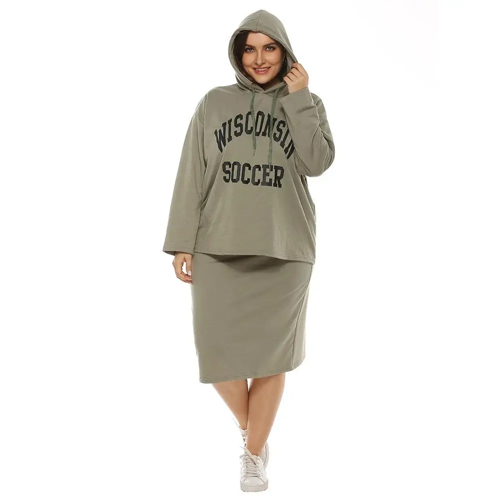 2020 Spring Women Plus size Hooded 2 Piece Sets Casual Letter Print Tops+ Skirt Large Slit Suit Leisure Two Set |
