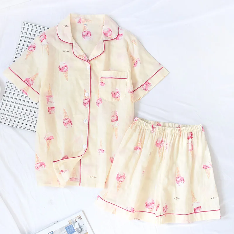 Summer Pajamas Set Women Pure Cotton Gauze Soft Short Sleeve Sleepwear with Shorts Ice Cream Ladies Homewear Loose Comfortable