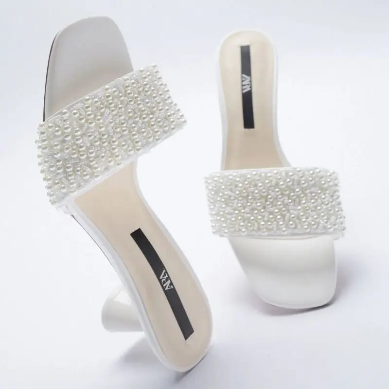

ZAR 2021 Summer New Black Fashion Square Toe High Heels Beaded Sexy Outer Wear Stiletto Muller Sandals And Slippers Women Luxury