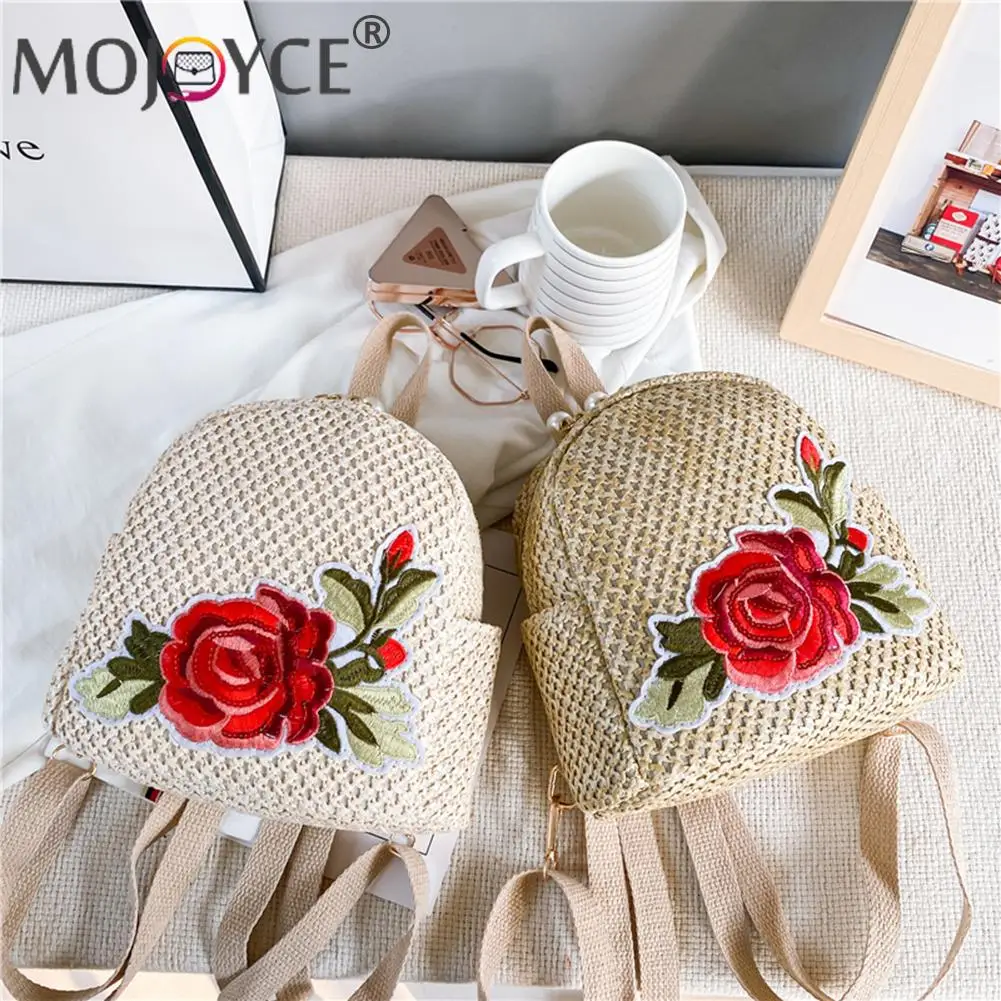 

Casual All-match Rose Printed Shoulder Bag Fashion Women Straw Woven Mini Backpack Portable Summer Travel Zipper Handbags