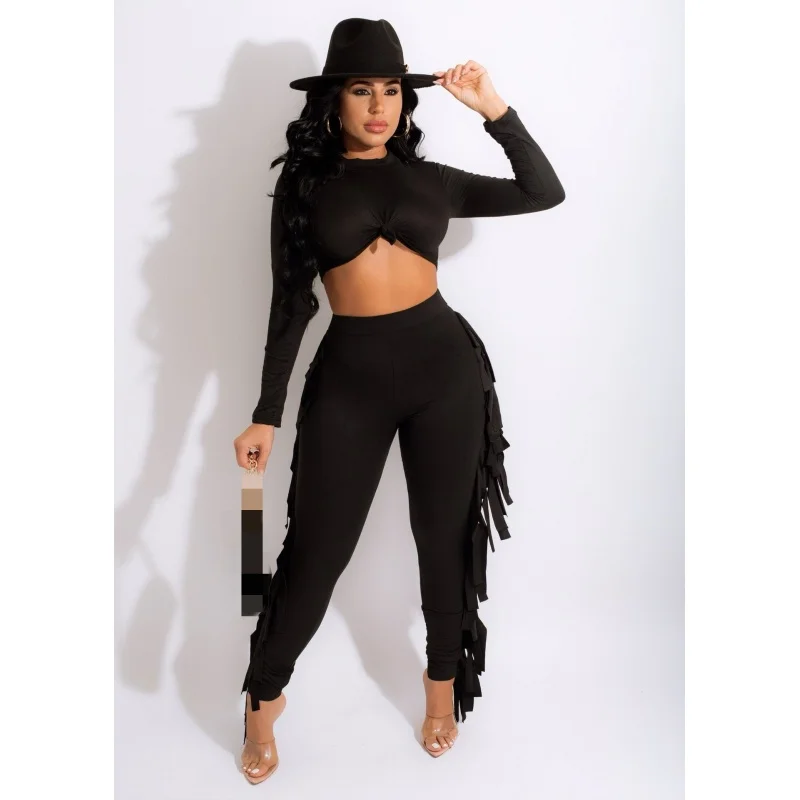 

Комплект из двух предметов женский с длинным рукавом, повседневный укороченный топ с высоким воротником и брюки с бахромой, однотонный брюч...