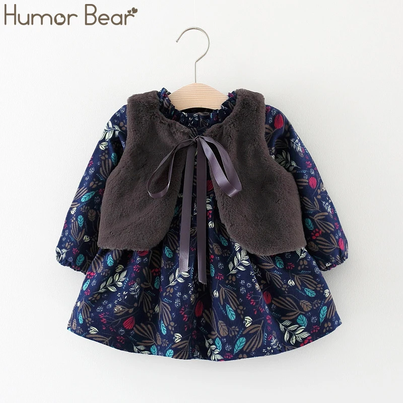 Humor Bear/детская одежда; платье для девочек; сезон весна-осень; хлопковые вечерние платья с бантом и длинными рукавами с имитацией двух предметов; Милая одежда для маленьких девочек
