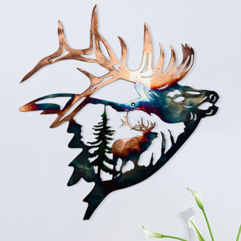 

72XF Metal Wall Art Decor Elk in The Forest Tree Sculpture Hanging for Living Room Bedroom Indoor Outdoor Garden