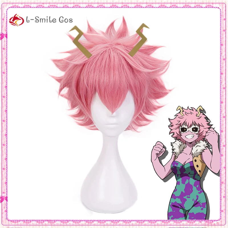 Розовый парик My Hero Academia Mina Ashido с головным убором костюм для косплея термостойкий