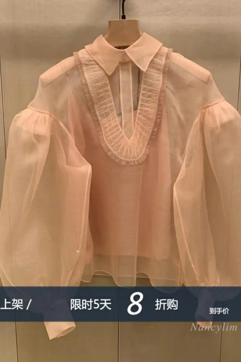 

High Quality Blouse for Women Solid Color Sweet Shirt Ladies Chic Puff Sleeve Temperamental Tops Two-Piece 2021