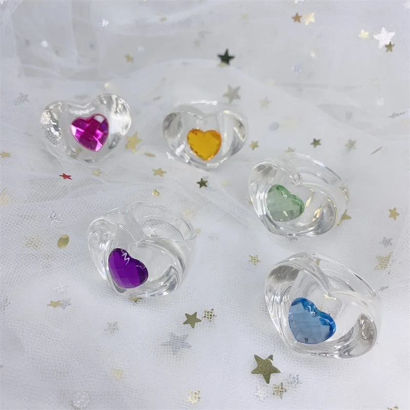 

New Trendy Colorful Crystal Rhinestone Heart Transparent Resin Acrylic Round Rings For Women Girls Party Harajuku Jewelry Gifts