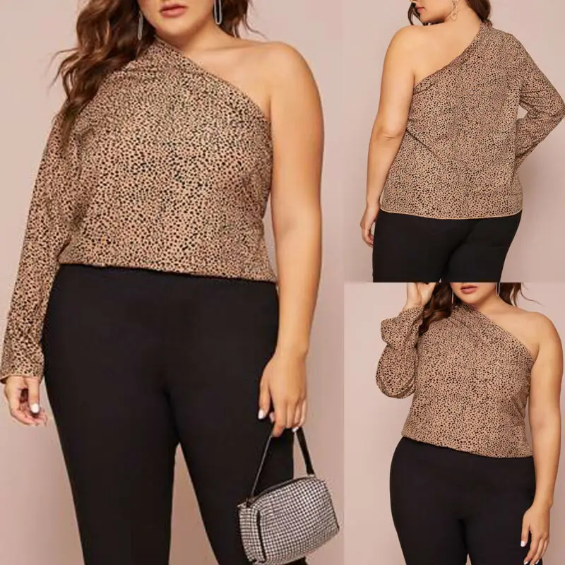Women's Long Sleeve One Shoulder Leopard Print Blouse Tunic Tops Shirt Plus Size | Женская одежда