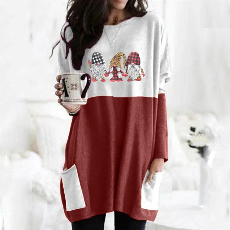 

Christmas Plus Size Loose Round Neck Long Sleeve Dress Casual Fashion Printed Pullover Mid-Length Skirt Winter Women's Clothing