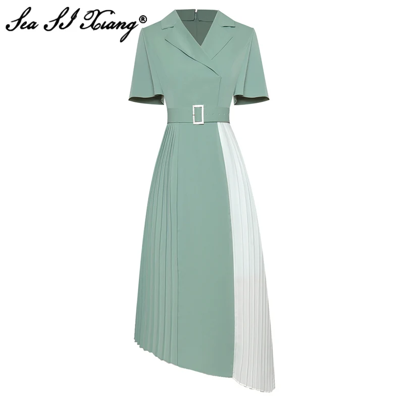 

Seasixiang Fashion Designer Summer Hit the Color Dress Women's V-Neck Flare Sleeve Crystal Sashes Asymmetrical Dresses
