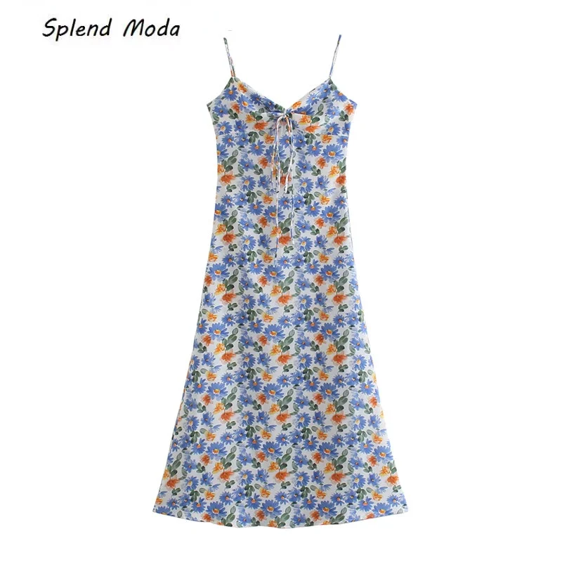 

Splend Moda Vintage Pastoral Print Strap Midi Dress Woman Summer V-neck Lace-up Slim Vacation A-Line Short Dress
