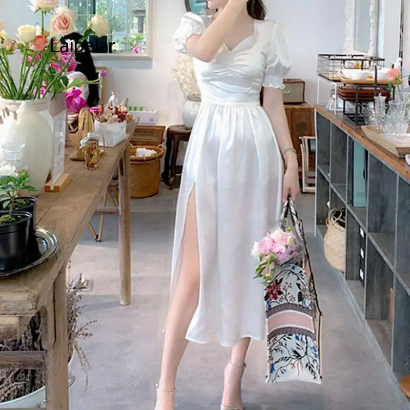 

Elegant Ruffle Women French Sexy Split Office Lady Casual Puff Sleeve Designer Party Dress New 2021 Women's Autumn