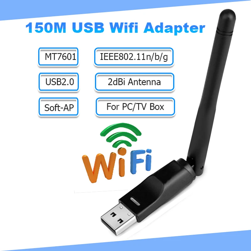 

USB Wifi Adapter MT7601 150Mbps Wifi Receiver USB2.0 Wireless Network Card 2dBi Antenna for Desktop/Laptop/TV Box Drop Shipping